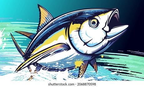 Tuna big fishing on white logo illustration. Vector illustration can be used for creating logo and emblem for fishing clubs, prints, web and other crafts.