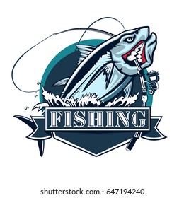 Tuna big fishing on white logo illustration. Vector illustration can be used for creating logo and emblem for fishing clubs, prints, web and other crafts.