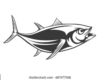 Tuna big fishing on white logo illustration. Vector illustration can be used for creating logo and emblem for fishing clubs, prints, web and other crafts.