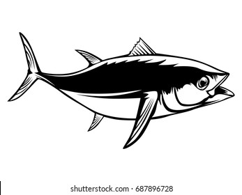 Tuna big fishing on white logo illustration. Vector illustration can be used for creating logo and emblem for fishing clubs, prints, web and other crafts.