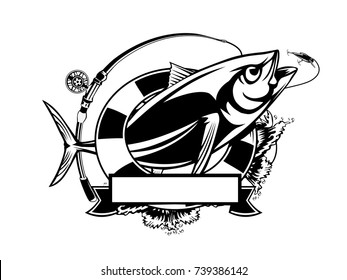 Tuna big fishing on white logo illustration. Vector illustration can be used for creating logo and emblem for fishing clubs, prints, web and other crafts.