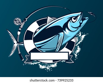 Tuna big fishing on white logo illustration. Vector illustration can be used for creating logo and emblem for fishing clubs, prints, web and other crafts.