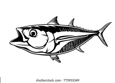 Tuna big fishing on white logo illustration. Vector illustration can be used for creating logo and emblem for fishing clubs, prints, web and other crafts.
