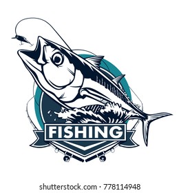 Tuna big fishing on white logo illustration. Vector illustration can be used for creating logo and emblem for fishing clubs, prints, web and other crafts.