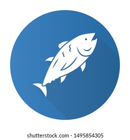 Tuna blue flat design long shadow glyph icon. Swimming marine fish. Underwater inhabitant. Mackerel fishing. Seafood restaurant. Aquatic animal. Undersea world. Vector silhouette illustration