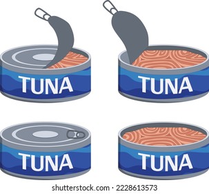 Tuna Can Opened Closed Four Different Sets Food Colorful Illustrated Prop Vector Artwork