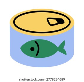 Tuna can with pull tab and fish label in bold cartoon style. Symbol of outdoor food, survival, provision, and trail meal for hikers and camp cooking. Cartoon vector illustration.