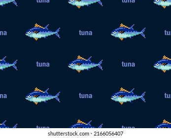 Tuna cartoon character seamless pattern on blue background. Pixel style