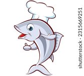 Tuna cartoon character wearing a chef's hat. Can be used as a mascot or part of a logo. seafood restaurant elements