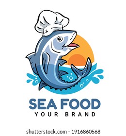 Tuna cartoon character wearing a chef's hat. Can be used as mascot or part of a logo. Sea food logo design.