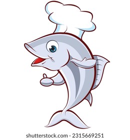 Tuna cartoon character wearing a chef's hat. Can be used as a mascot or part of a logo. seafood restaurant elements
