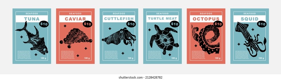 Tuna, caviar, cuttlefish, turtle meat, octopus, squid. Set of posters of fishes and seafood in a abstract draw design. Label or poster, price tag. Simple, flat design. Patterns and backgrounds.