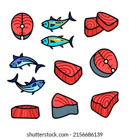 Tuna color icons set. Vector illustration collection of tuna fish for web design isolated on white background.