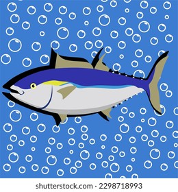 Tuna, a drawing of a fish with blue background and bubbles.