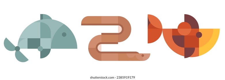 Tuna, eel and salmon fish. Abstract geometric art. Modern fashion vector illustration. Creative minimal kitchen composition. Collection bright design food element in bauhaus trendy style.