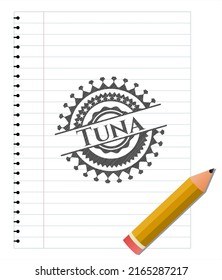 Tuna emblem drawn in pencil. Vector Illustration. Detailed. 