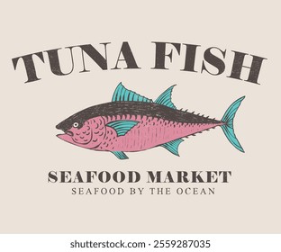 Tuna fish artwork for t shirt print, poster, sticker and other uses. Seafood club. Fish design. Fish vintage artwork.