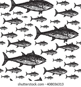 Tuna fish black and white seamless vector pattern. Realistic engraved style of fishes