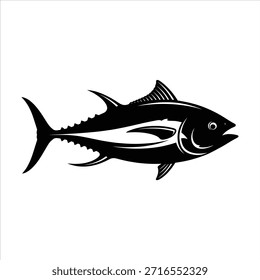 Tuna fish black and white vector illustration for seafood packaging. Marine animal isolated on white. Ocean dwelling fish for culinary or fishery.