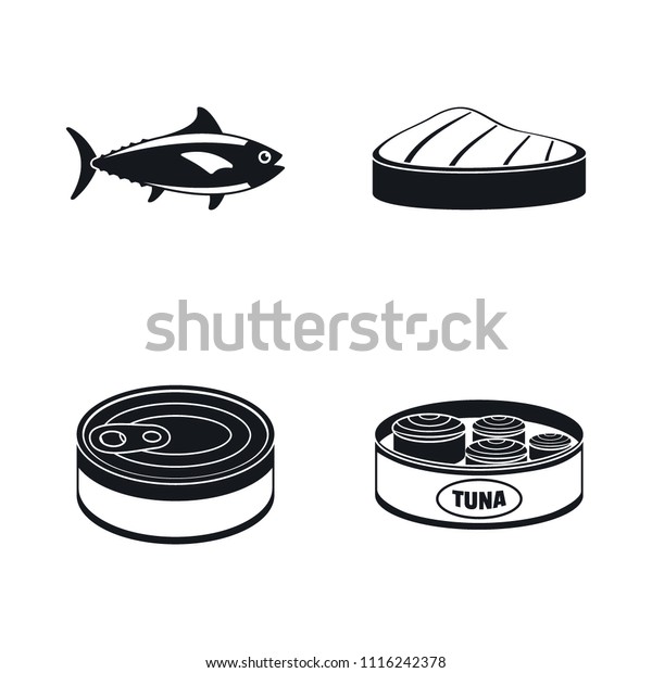 マグロの魚はステーキのアイコンセット 4匹のマグロの魚がステーキベクター画像の簡単なイラストで ウェブ用のアイコン のベクター画像素材 ロイヤリティフリー