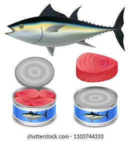 Tuna Fish Can Steak Mockup Set. Realistic Illustration Of 4 Tuna Fish Can Steak Mockups For Web