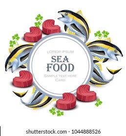 Tuna fish card Vector. realistic tuna steak seafood round frame illustrations