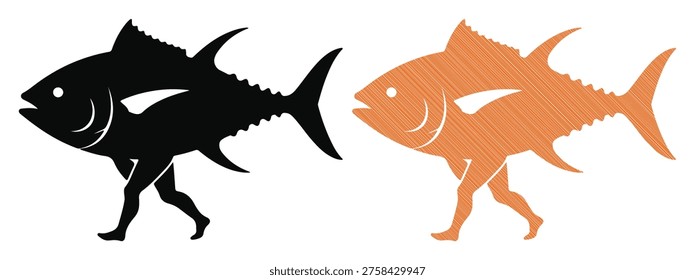 Tuna fish character with human legs walking. Conceptual vector illustration in two color variations.