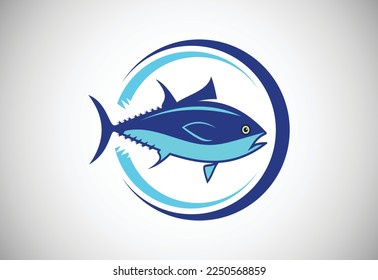 Tuna fish in a circle. Fish logo design template. Seafood restaurant shop Logotype concept icon.