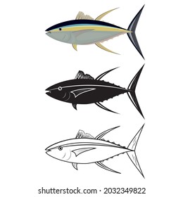 tuna fish in color, outline and stencil, color vector illustration