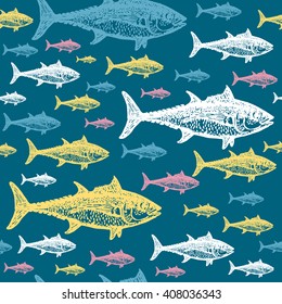 Tuna fish colorful seamless vector pattern. Realistic engraved style of fishes on blue background.