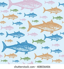 Tuna fish colorful seamless vector pattern. Realistic engraved style of fishes on light blue background.