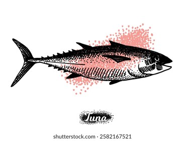Tuna fish drawing isolated on white background for menu design.  Vintage engraved sketch. Seafood dot drawing collection