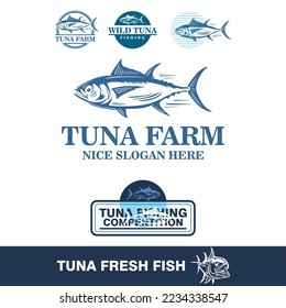 TUNA FISH FARM LOGO, silhouette of bluefin swimming vvvector illustrations