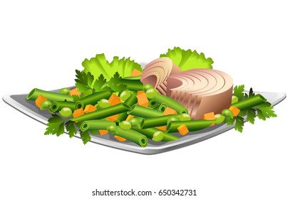 Tuna fish fillet on plate with kidney beans, lettuce leaves, sliced carrot and green peas. Hand drawn vector illustration on white background.