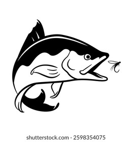 tuna fish graphic, fly fishing illustration with black lines on white background