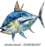 Tuna Fish Hand-Drawn Realistic Watercolor Illustration on White Background