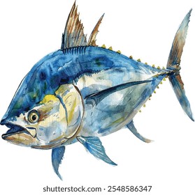 Tuna Fish Hand-Drawn Realistic Watercolor Illustration on White Background