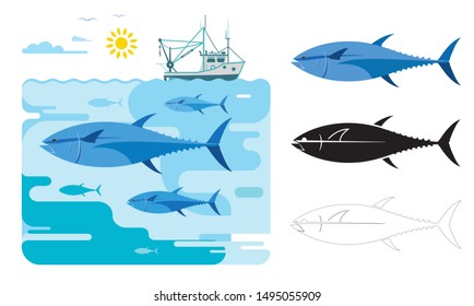 Tuna fish icons. Flat vector illustration of tuna fish. Decorative cute illustration for children. Graphic design elements for print and web.