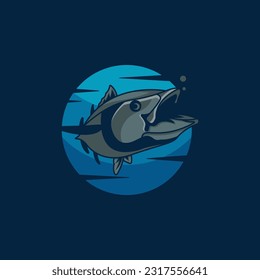 Tuna fish logo design with a blue moon, suitable for any business, especially those related to tuna.