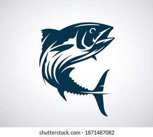 Vorlage für das Logo für Thunfisch. Springender Fisch einzeln auf weißem Hintergrund. Fischereikonzept. Vektorgrafik.