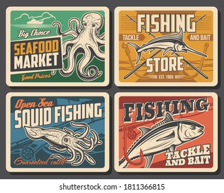 Tuna fish, marlin, squid and octopus vector retro posters. Seafood market or restaurant production. Fishing club activity, tackle store equipment, underwater animals fishing sports or active hobby