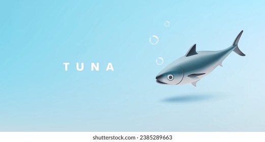 Tuna fish in the ocean with bubbles. Realistic 3d illustration for packaging design concepts, ocean life, delicious food, and diet.