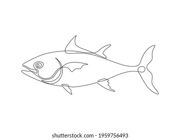 Tuna fish one line drawing. Continuous single line art of fish for logo, print, posters, banners. Minimal vector art