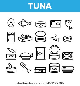 Tuna, Fish Products Vector Linear Icons Set. Raw, Cooked And Canned Tuna Outline Symbols Pack. Fresh Uncooked And Prepared Seafood. Fish Steak, Sea Food Isolated Contour Illustrations