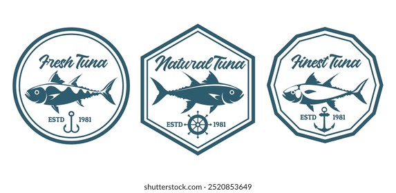 Tuna fish retro label set. Fishing and fishes farming vintage emblems isolated vector illustration