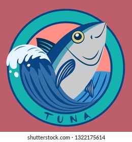 Tuna fish Seafood on blue wave circle logo with Free Handwritten text on Pink color background cartoon vector illustration.