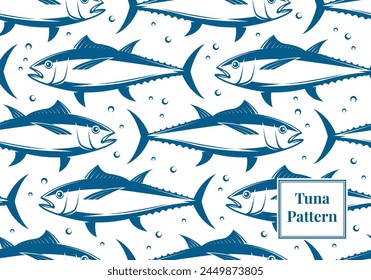 Tuna fish seamless pattern. Vector illustration. Tuna fish underwater. Blue and White Nautical Design. Fabric, textile, wallpaper with tuna fish.