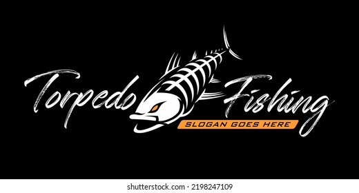 tuna fish skeleton skull fishing logo on black dark background in modern vintage rustic logo design style template vector illustration