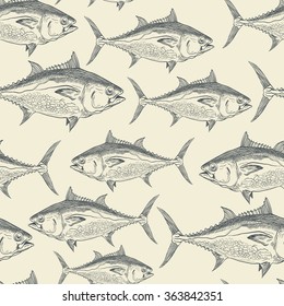 Tuna Fish style seamless pattern. Vector illustration.