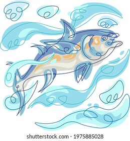 Tuna fish swimming in waves. Fishing logo. Tuna symbol.One continuous line isolated minimal illustration.Colored abstract background.Single color continuous line.Fish silhouette.